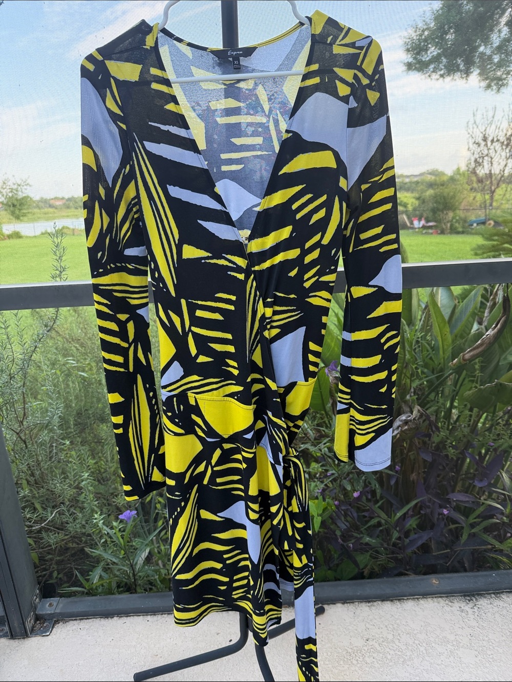 Express Black and Yellow Abstract Long Sleeve Wrap Dress